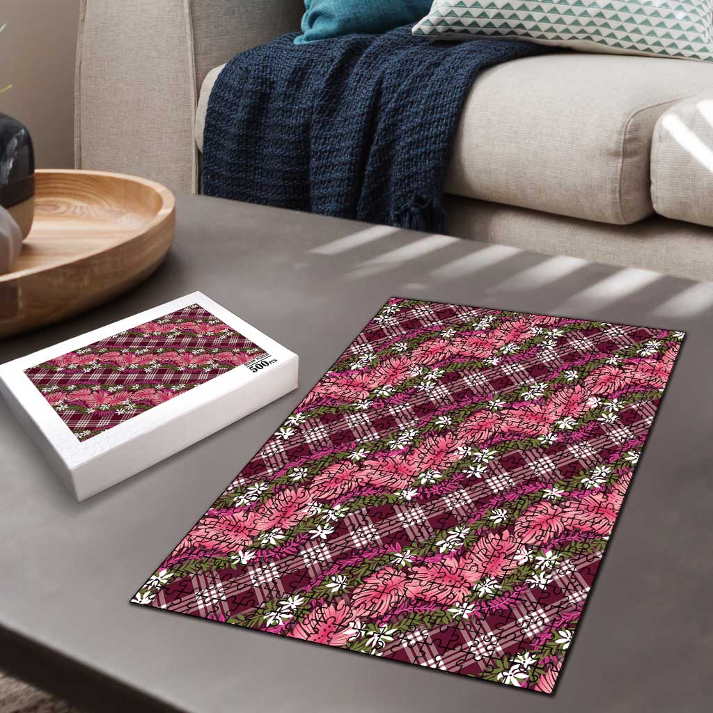 Polynesian Monstera Tiare Floral Puzzle Fuchsia Tropical Plaid - Polynesian Pride