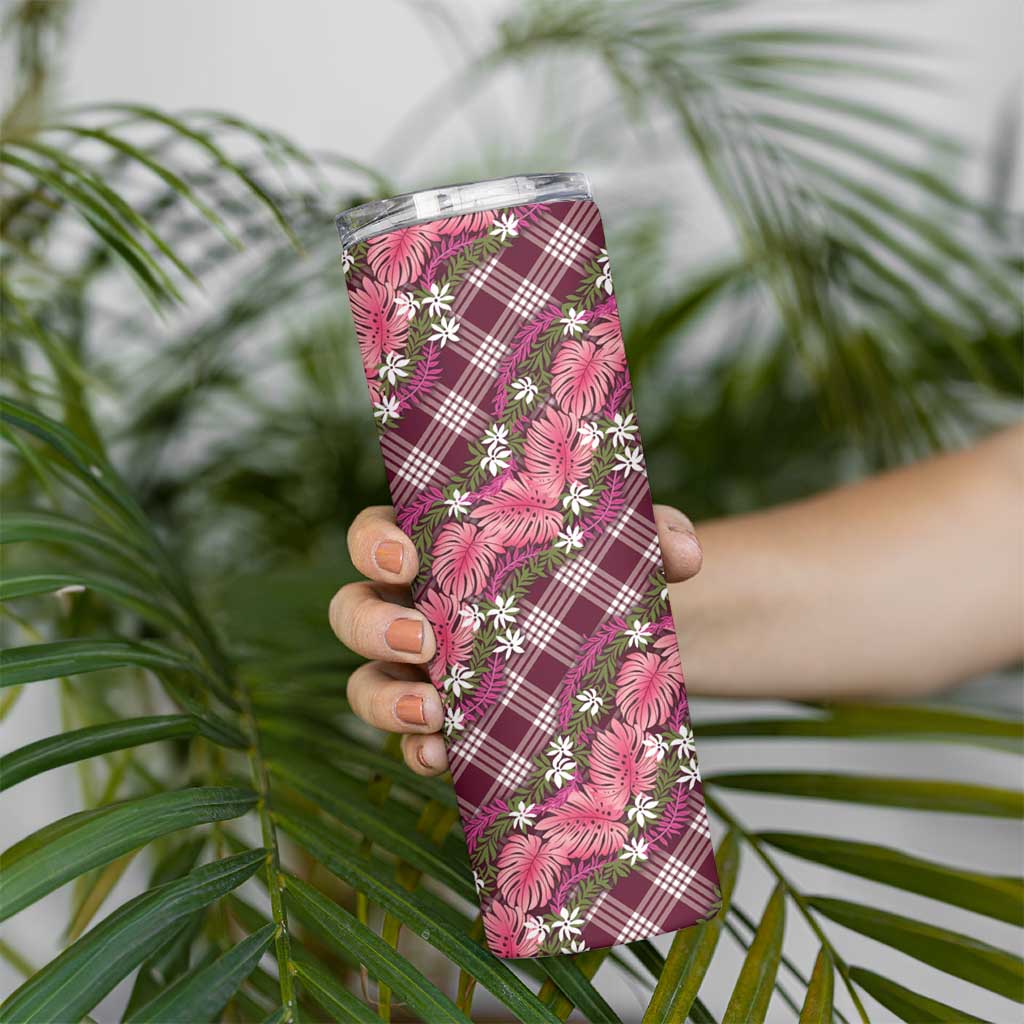Polynesian Monstera Tiare Floral Skinny Tumbler Fuchsia Tropical Plaid LT01 - Polynesian Pride