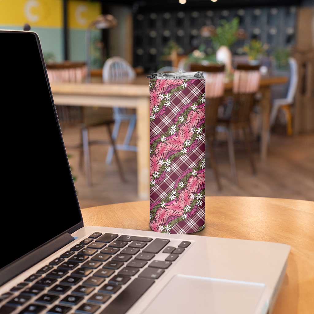 Polynesian Monstera Tiare Floral Skinny Tumbler Fuchsia Tropical Plaid LT01 - Polynesian Pride