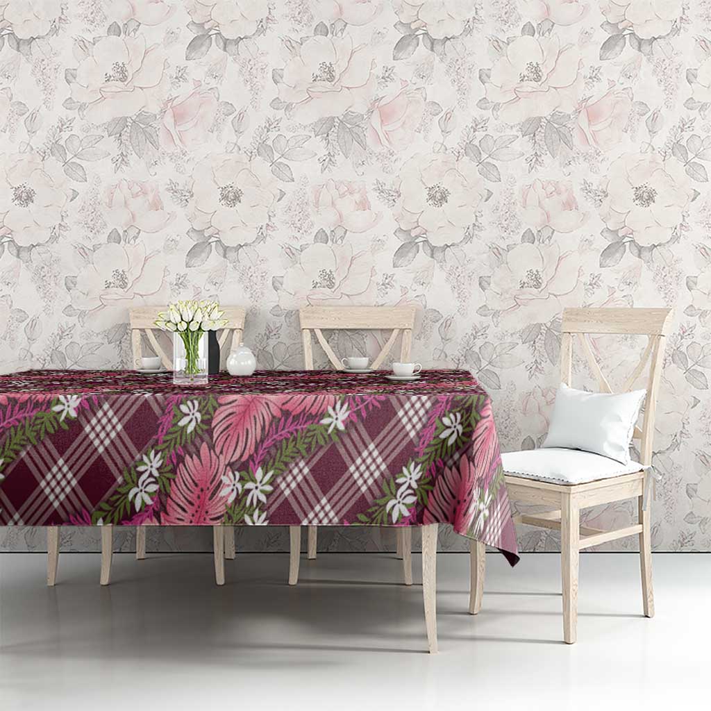 Polynesian Monstera Tiare Floral Tablecloth Fuchsia Tropical Plaid - Polynesian Pride