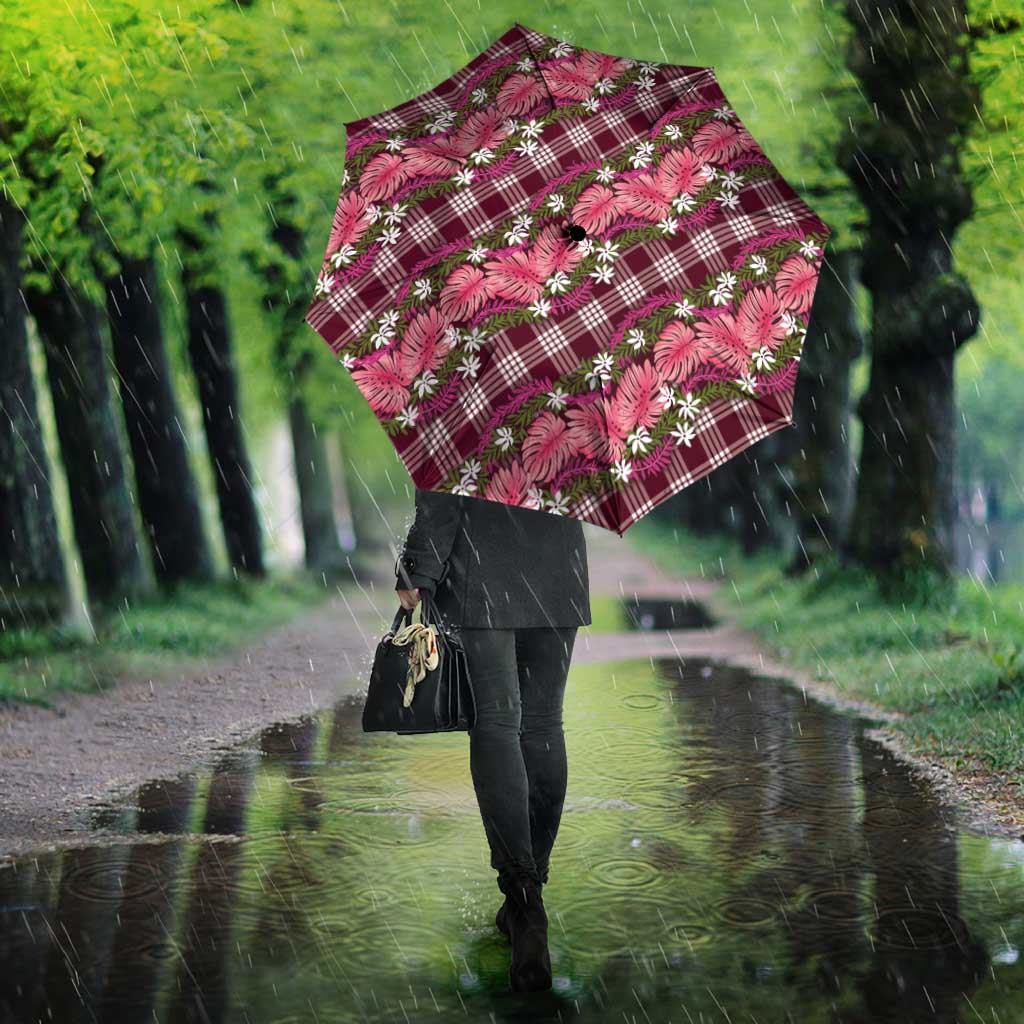 Polynesian Monstera Tiare Floral Umbrella Fuchsia Tropical Plaid - Polynesian Pride
