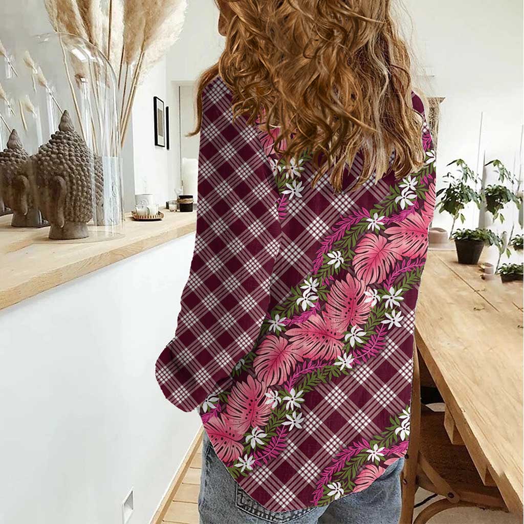 Polynesian Monstera Tiare Floral Women Casual Shirt Fuchsia Tropical Plaid LT01 - Polynesian Pride