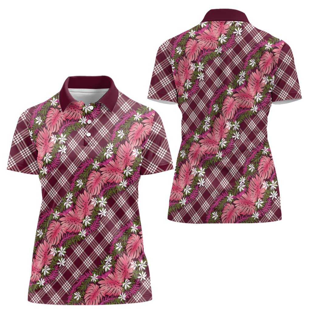 Polynesian Monstera Tiare Floral Women Polo Shirt Fuchsia Tropical Plaid LT01 - Polynesian Pride