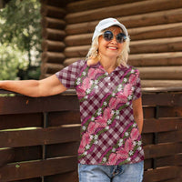 Polynesian Monstera Tiare Floral Women Polo Shirt Fuchsia Tropical Plaid LT01 - Polynesian Pride