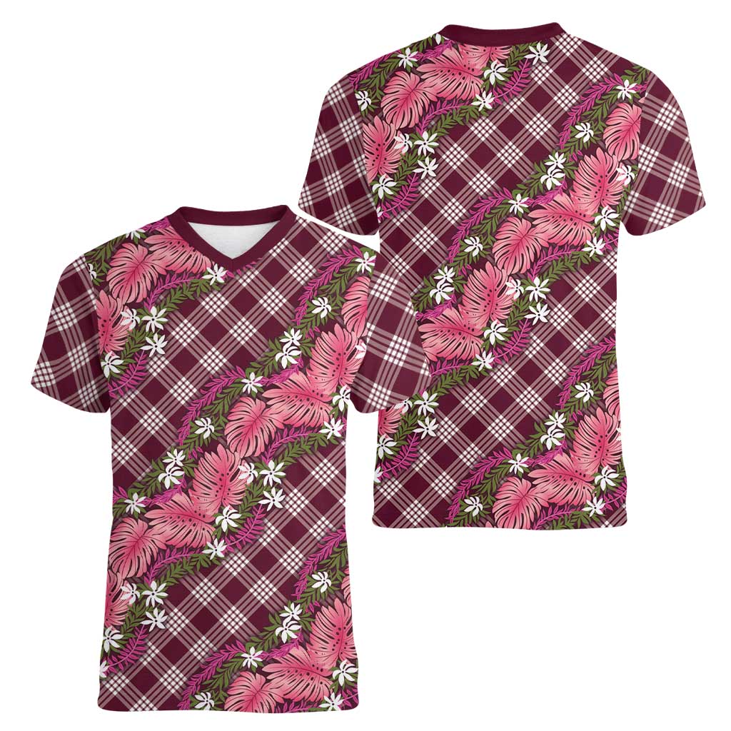 Polynesian Monstera Tiare Floral Women V-Neck T-Shirt Fuchsia Tropical Plaid LT01 - Polynesian Pride