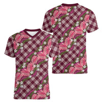 Polynesian Monstera Tiare Floral Women V-Neck T-Shirt Fuchsia Tropical Plaid LT01 - Polynesian Pride