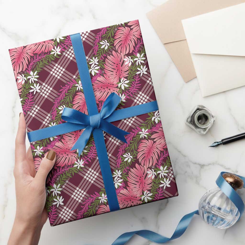 Polynesian Monstera Tiare Floral Wrapping Paper Fuchsia Tropical Plaid - Polynesian Pride