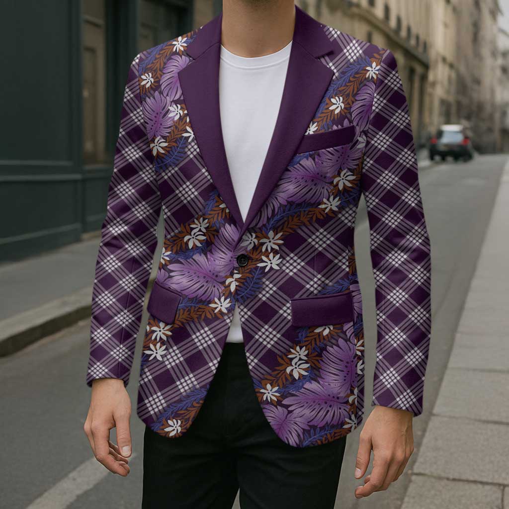 Polynesian Monstera Tiare Floral Blazer Lavender Tropical Plaid - Polynesian Pride