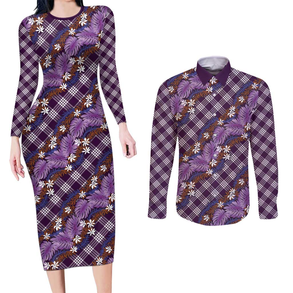 Polynesian Monstera Tiare Floral Couples Matching Long Sleeve Bodycon Dress and Long Sleeve Button Shirt Lavender Tropical Plaid LT01 Purple - Polynesian Pride