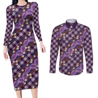 Polynesian Monstera Tiare Floral Couples Matching Long Sleeve Bodycon Dress and Long Sleeve Button Shirt Lavender Tropical Plaid LT01 Purple - Polynesian Pride