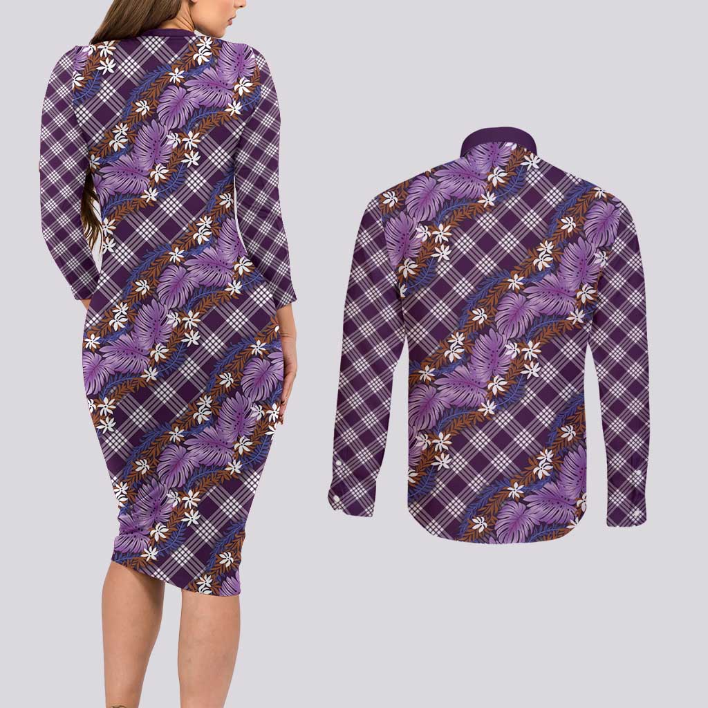 Polynesian Monstera Tiare Floral Couples Matching Long Sleeve Bodycon Dress and Long Sleeve Button Shirt Lavender Tropical Plaid LT01 - Polynesian Pride