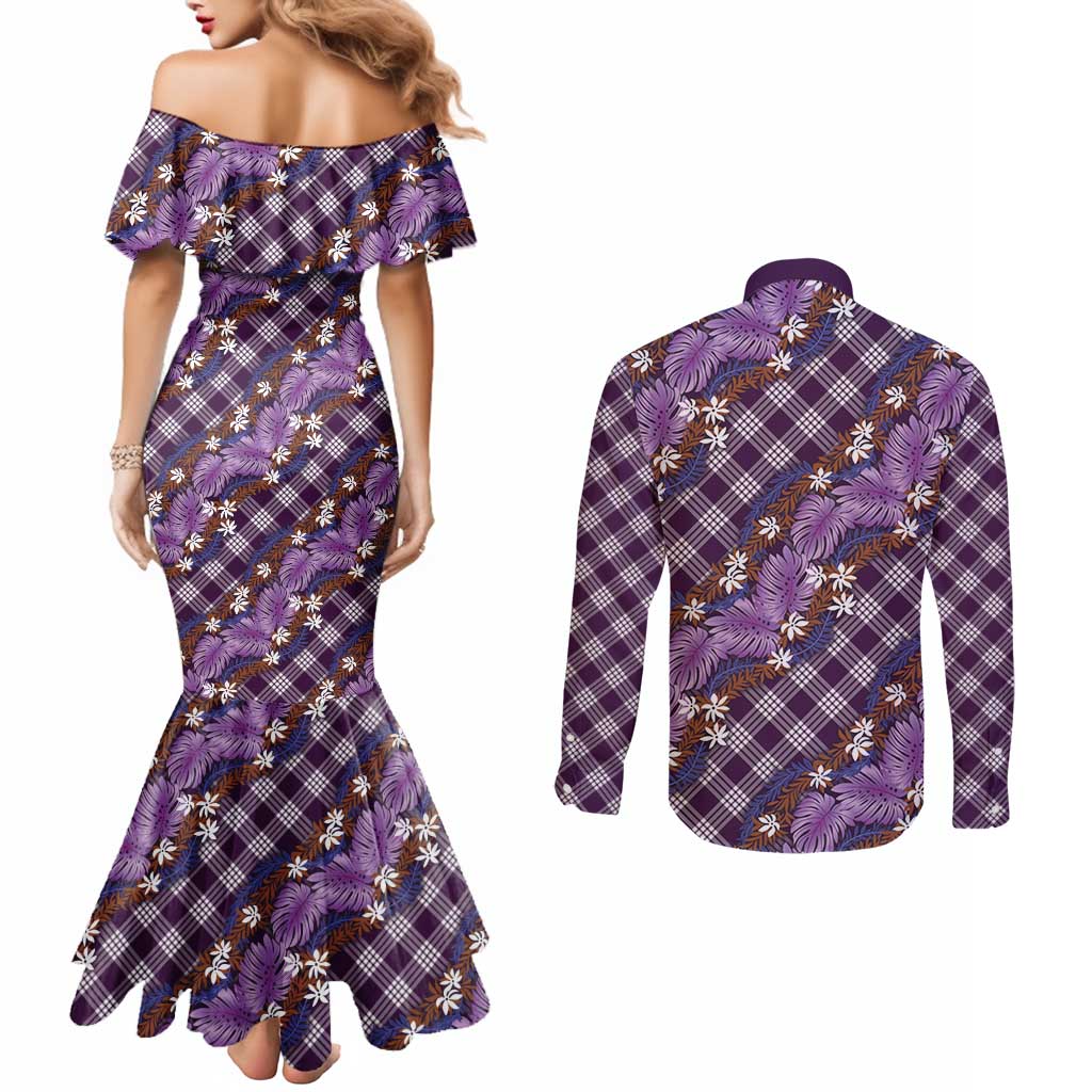 Polynesian Monstera Tiare Floral Couples Matching Mermaid Dress and Long Sleeve Button Shirt Lavender Tropical Plaid LT01 - Polynesian Pride