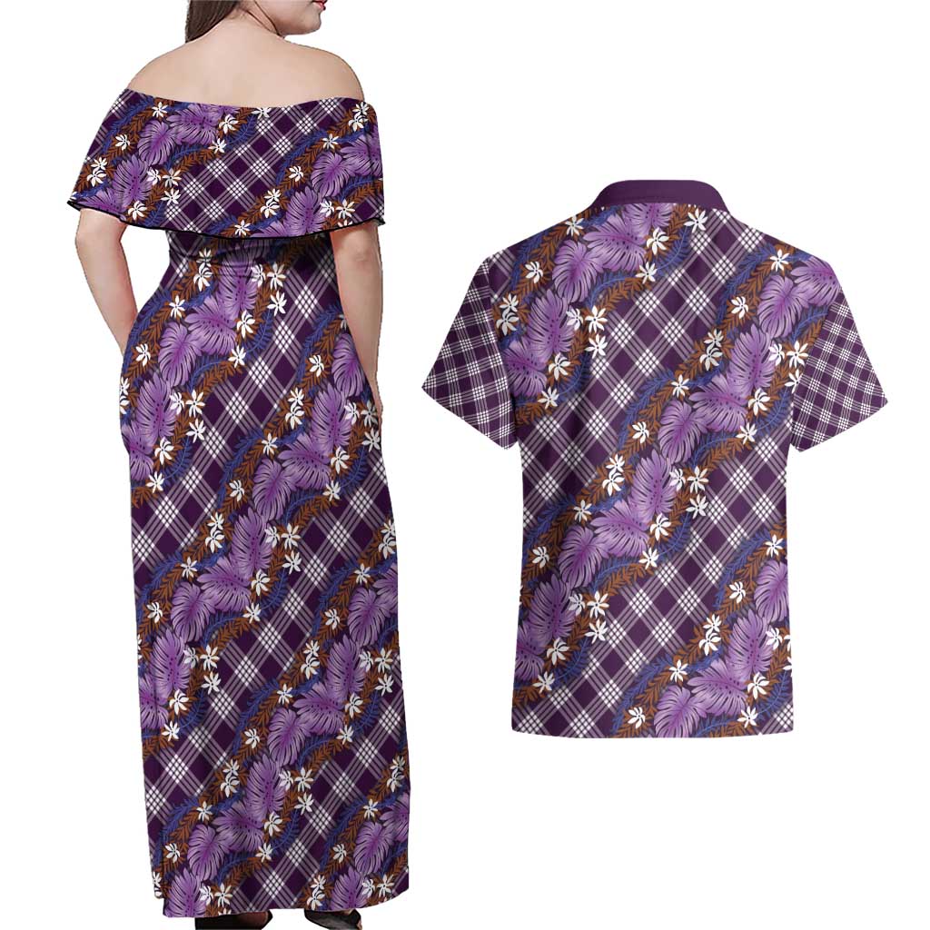 Polynesian Monstera Tiare Floral Couples Matching Off Shoulder Maxi Dress and Hawaiian Shirt Lavender Tropical Plaid LT01 - Polynesian Pride