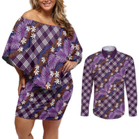 Polynesian Monstera Tiare Floral Couples Matching Off Shoulder Short Dress and Long Sleeve Button Shirt Lavender Tropical Plaid LT01 Purple - Polynesian Pride
