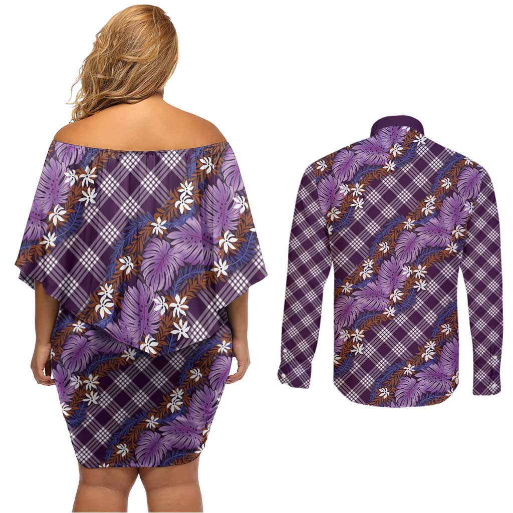 Polynesian Monstera Tiare Floral Couples Matching Off Shoulder Short Dress and Long Sleeve Button Shirt Lavender Tropical Plaid LT01 - Polynesian Pride