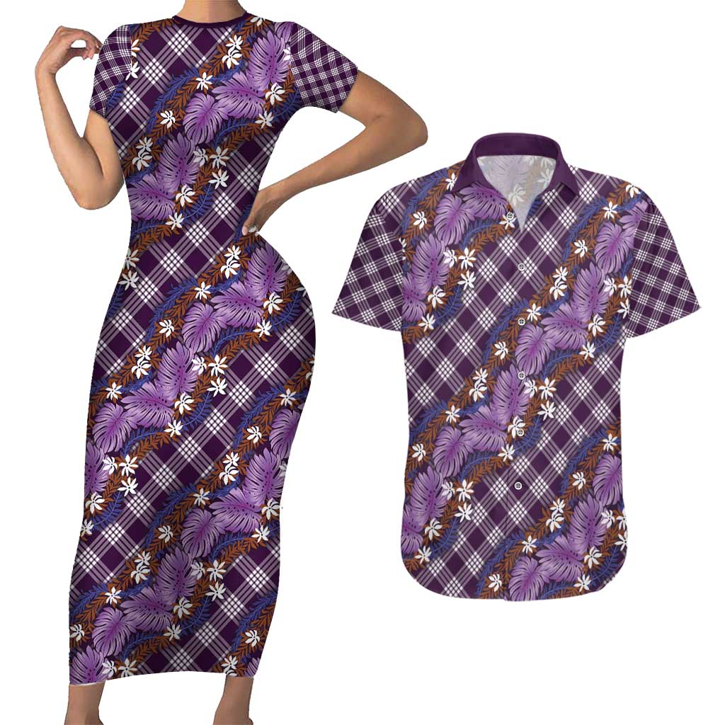 Polynesian Monstera Tiare Floral Couples Matching Short Sleeve Bodycon Dress and Hawaiian Shirt Lavender Tropical Plaid LT01 Purple - Polynesian Pride