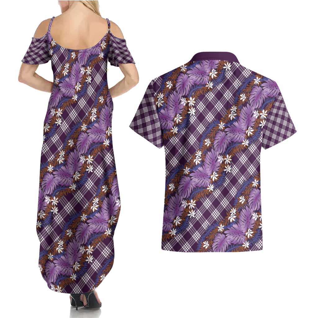 Polynesian Monstera Tiare Floral Couples Matching Summer Maxi Dress and Hawaiian Shirt Lavender Tropical Plaid LT01 - Polynesian Pride