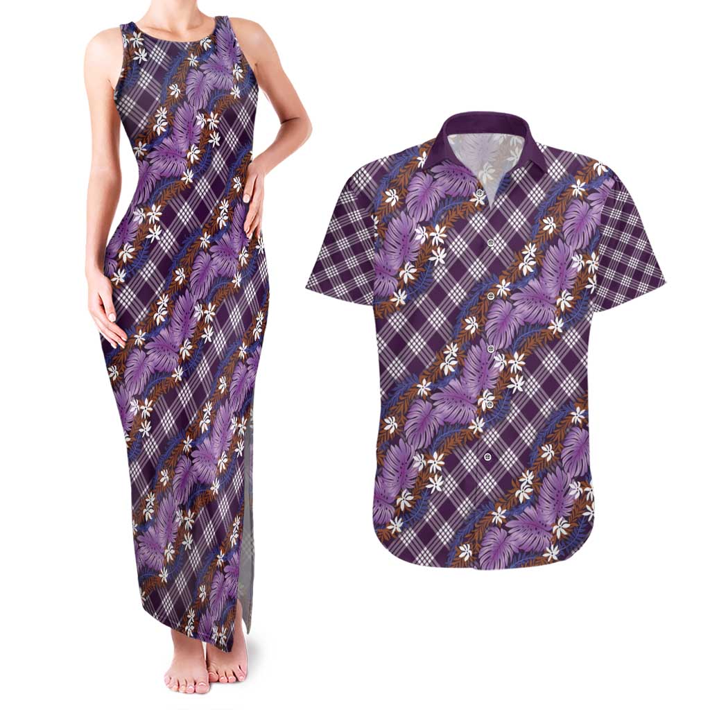 Polynesian Monstera Tiare Floral Couples Matching Tank Maxi Dress and Hawaiian Shirt Lavender Tropical Plaid LT01 Purple - Polynesian Pride