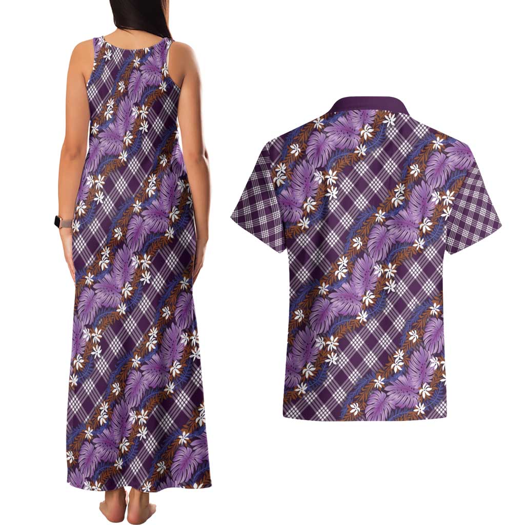 Polynesian Monstera Tiare Floral Couples Matching Tank Maxi Dress and Hawaiian Shirt Lavender Tropical Plaid LT01 - Polynesian Pride