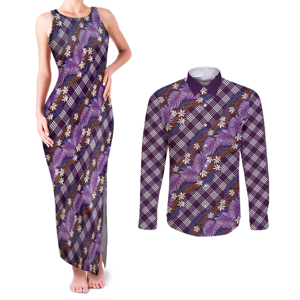 Polynesian Monstera Tiare Floral Couples Matching Tank Maxi Dress and Long Sleeve Button Shirt Lavender Tropical Plaid LT01 Purple - Polynesian Pride