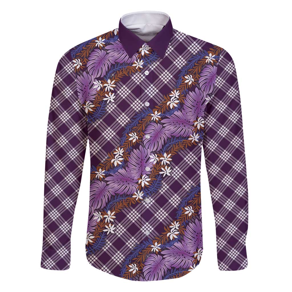 Polynesian Monstera Tiare Floral Family Matching Mermaid Dress and Hawaiian Shirt Lavender Tropical Plaid LT01 Dad's Shirt - Long Sleeve Purple - Polynesian Pride