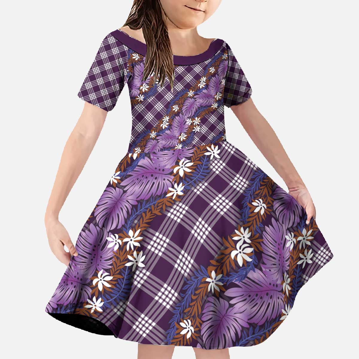 Polynesian Monstera Tiare Floral Family Matching Off The Shoulder Long Sleeve Dress and Hawaiian Shirt Lavender Tropical Plaid LT01 Daughter's Dress Purple - Polynesian Pride
