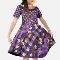 Polynesian Monstera Tiare Floral Family Matching Off The Shoulder Long Sleeve Dress and Hawaiian Shirt Lavender Tropical Plaid LT01 Daughter's Dress Purple - Polynesian Pride