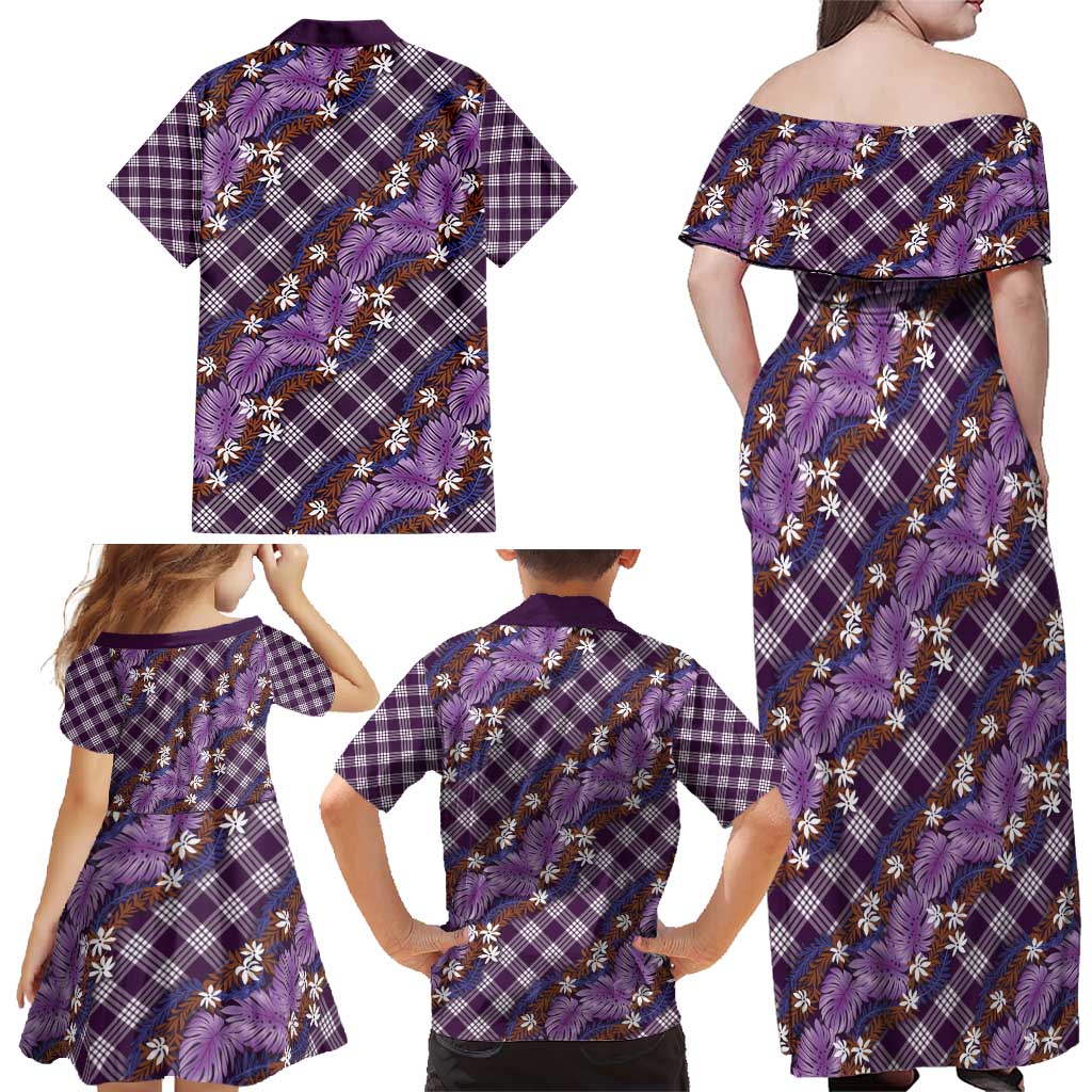 Polynesian Monstera Tiare Floral Family Matching Off Shoulder Maxi Dress and Hawaiian Shirt Lavender Tropical Plaid LT01 - Polynesian Pride