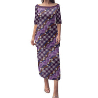 Polynesian Monstera Tiare Floral Family Matching Puletasi and Hawaiian Shirt Lavender Tropical Plaid LT01 Mom's Dress Purple - Polynesian Pride