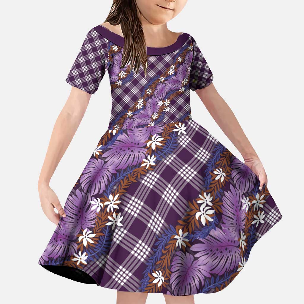 Polynesian Monstera Tiare Floral Family Matching Short Sleeve Bodycon Dress and Hawaiian Shirt Lavender Tropical Plaid LT01 Daughter's Dress Purple - Polynesian Pride