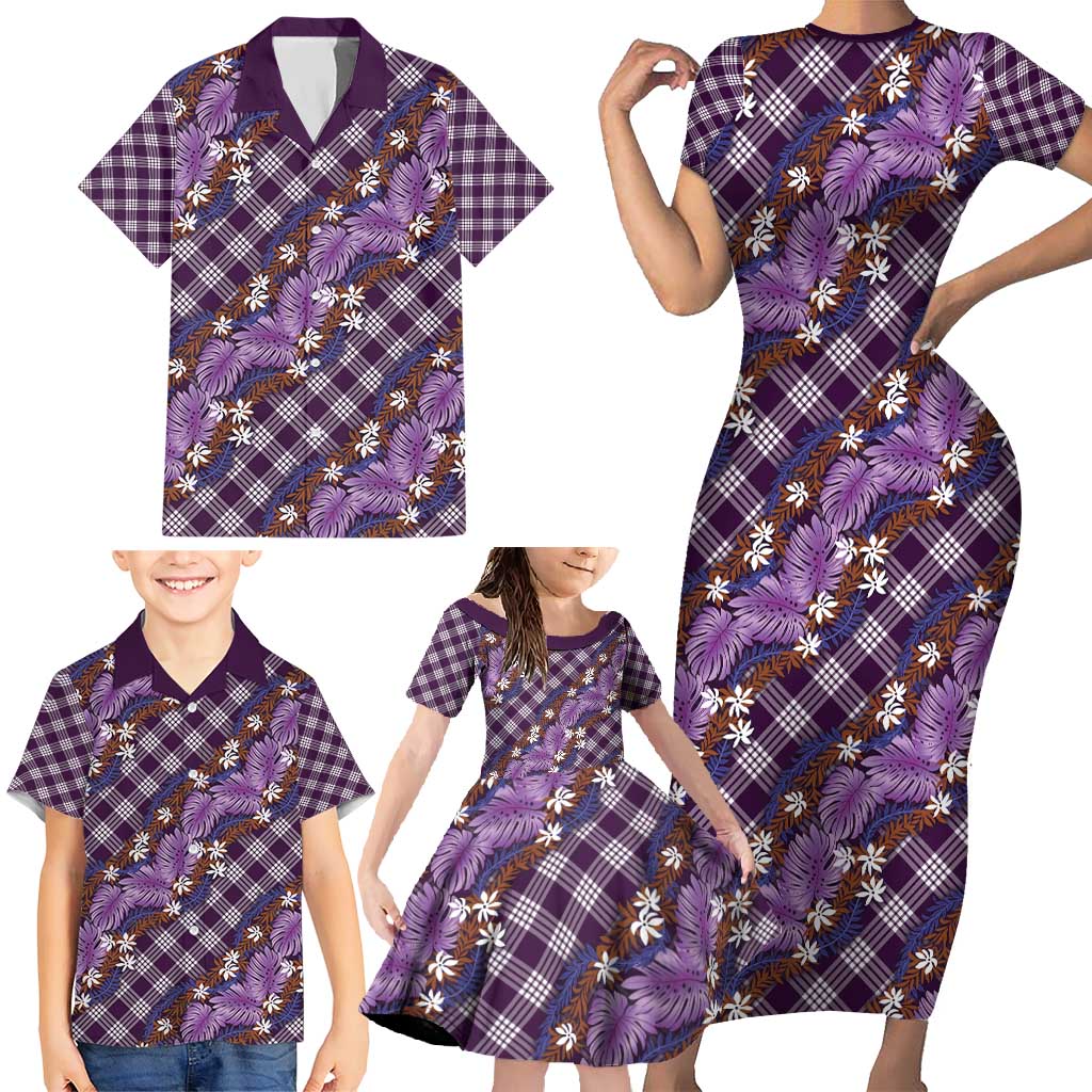 Polynesian Monstera Tiare Floral Family Matching Short Sleeve Bodycon Dress and Hawaiian Shirt Lavender Tropical Plaid LT01 - Polynesian Pride