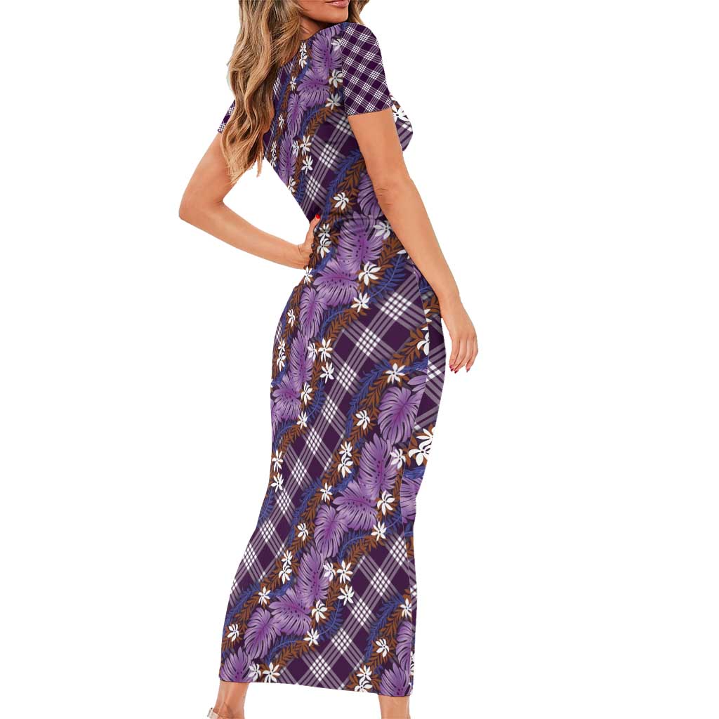 Polynesian Monstera Tiare Floral Family Matching Short Sleeve Bodycon Dress and Hawaiian Shirt Lavender Tropical Plaid LT01 - Polynesian Pride