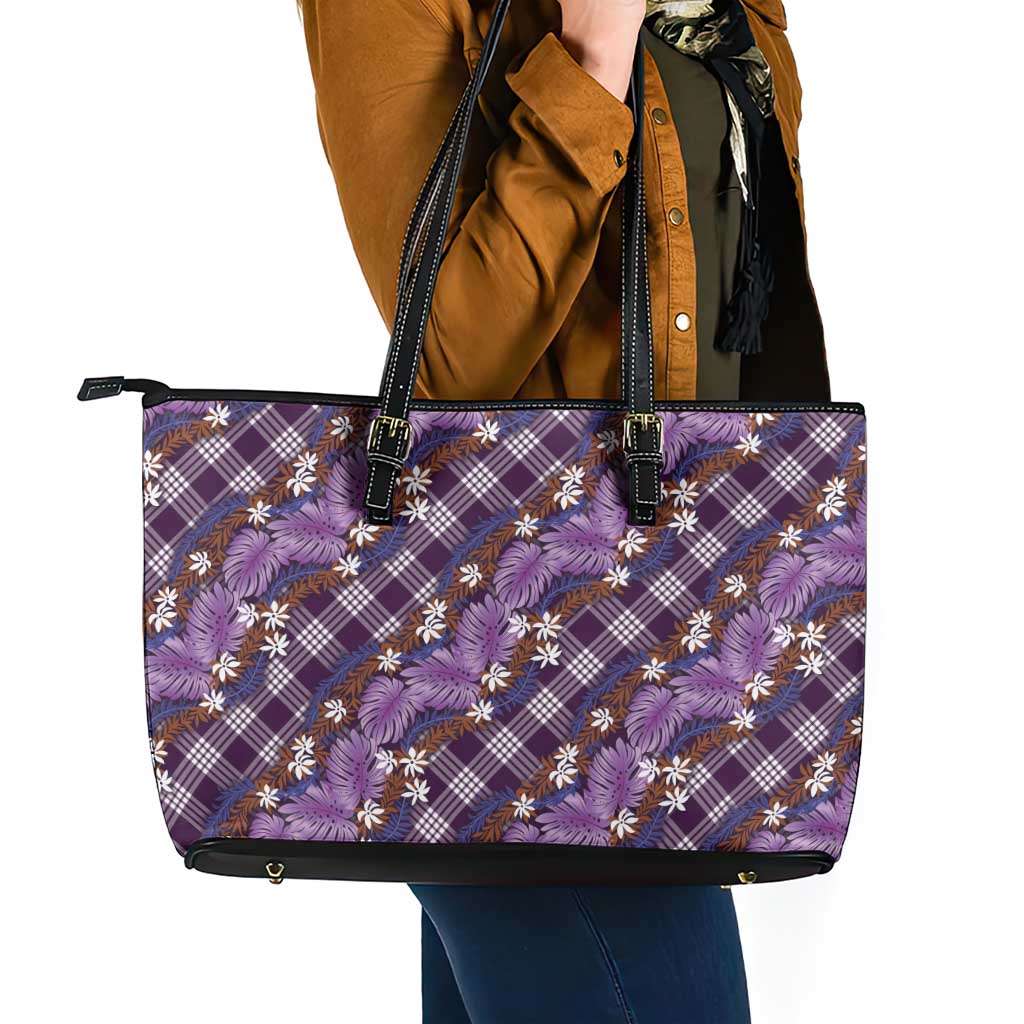 Polynesian Monstera Tiare Floral Leather Tote Bag Lavender Tropical Plaid - Polynesian Pride