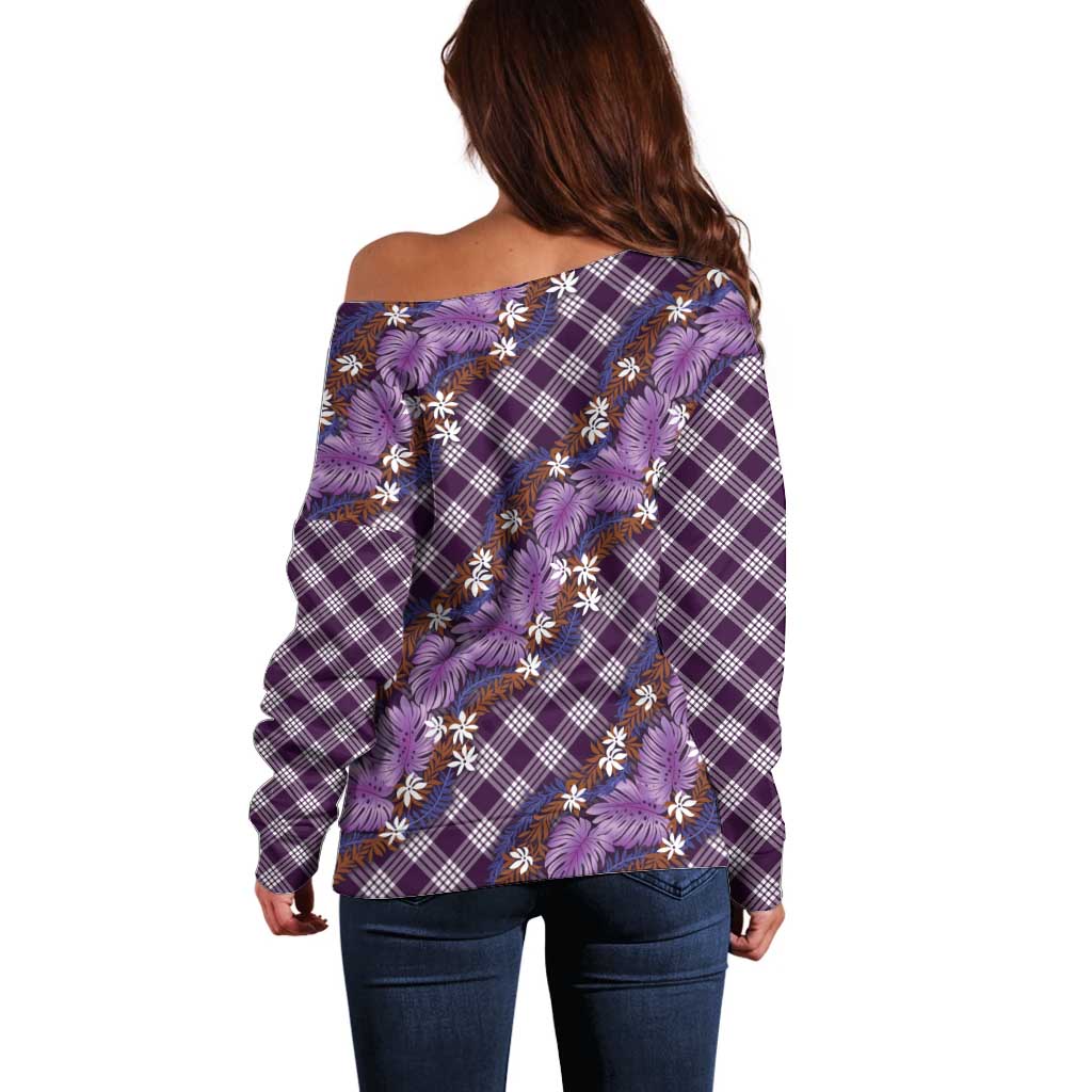 Polynesian Monstera Tiare Floral Off Shoulder Sweater Lavender Tropical Plaid LT01 - Polynesian Pride