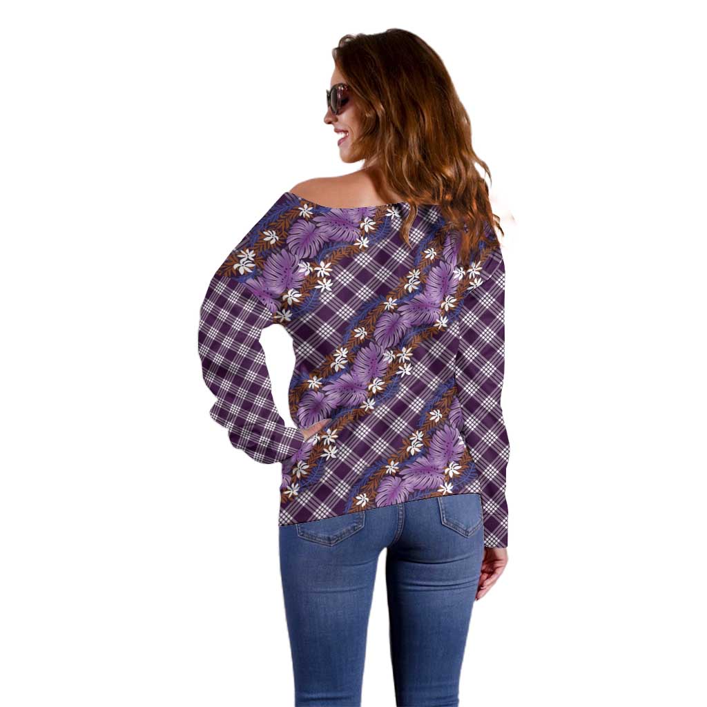 Polynesian Monstera Tiare Floral Off Shoulder Sweater Lavender Tropical Plaid LT01 - Polynesian Pride