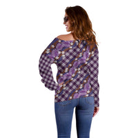 Polynesian Monstera Tiare Floral Off Shoulder Sweater Lavender Tropical Plaid LT01 - Polynesian Pride