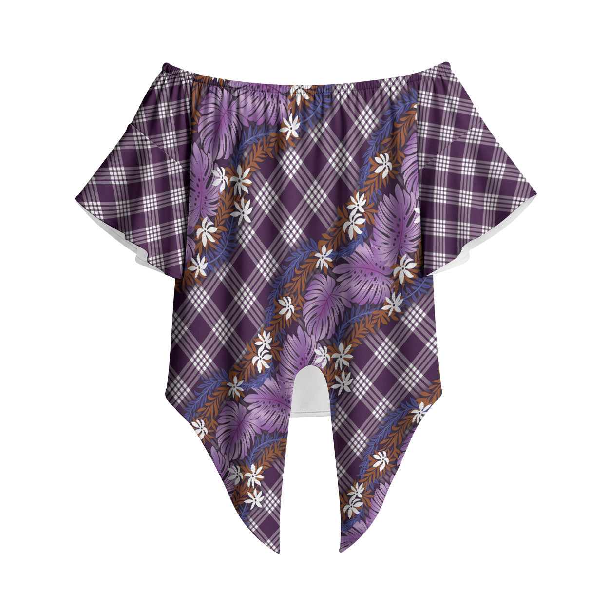 Polynesian Monstera Tiare Floral Off Shoulder Wrap Waist Top Lavender Tropical Plaid LT01 Purple - Polynesian Pride