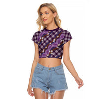 Polynesian Monstera Tiare Floral Raglan Cropped T Shirt Lavender Tropical Plaid - Polynesian Pride