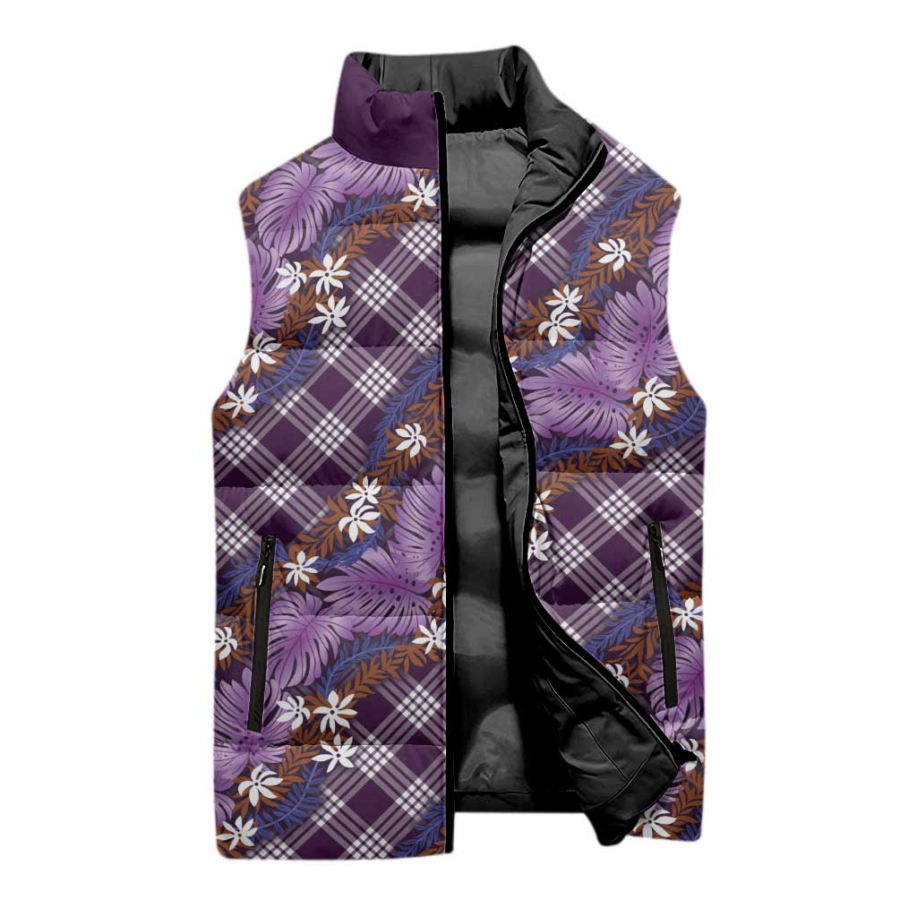 Polynesian Monstera Tiare Floral Sleeveless Puffer Jacket Lavender Tropical Plaid LT01 - Polynesian Pride