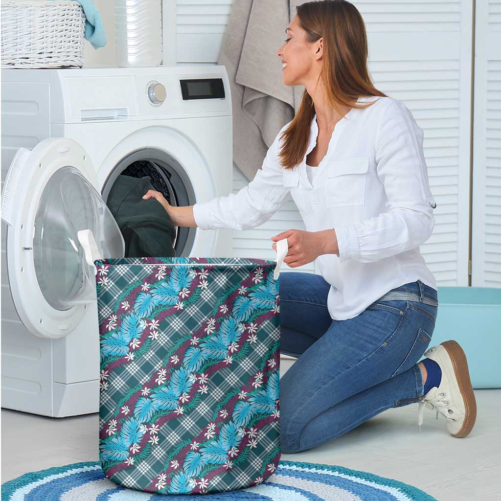 Polynesian Monstera Tiare Floral Laundry Basket Dark Teal Tropical Plaid - Polynesian Pride