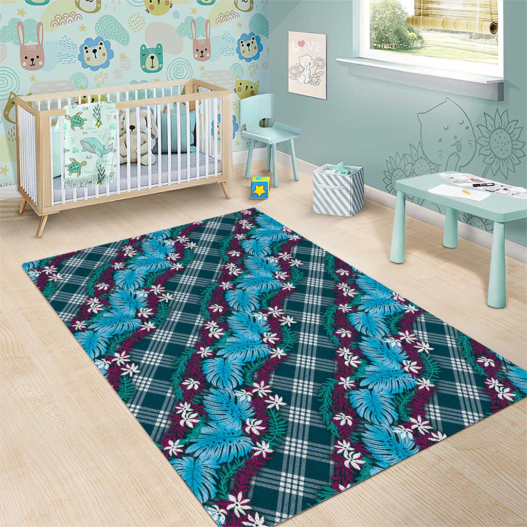 Polynesian Monstera Tiare Floral Area Rug Dark Teal Tropical Plaid - Polynesian Pride