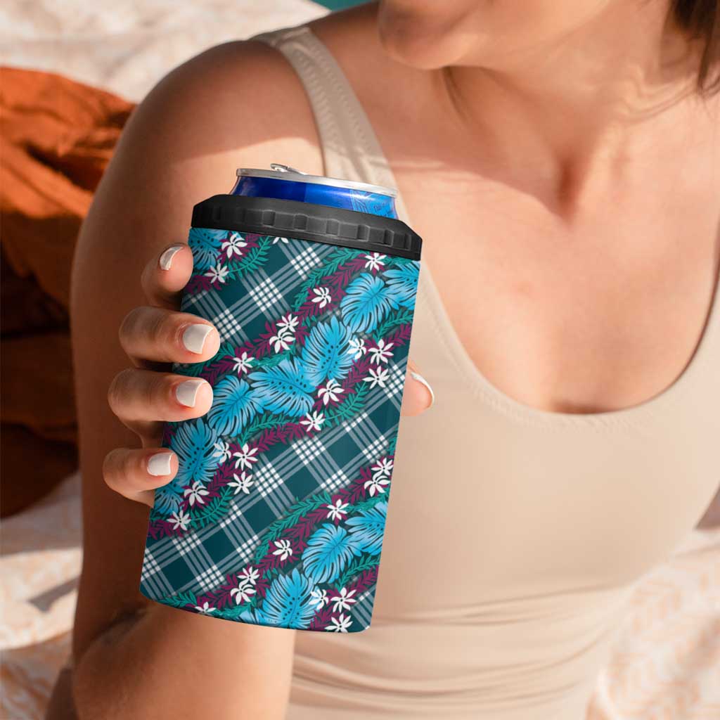 Polynesian Monstera Tiare Floral 4 in 1 Can Cooler Tumbler Dark Teal Tropical Plaid - Polynesian Pride