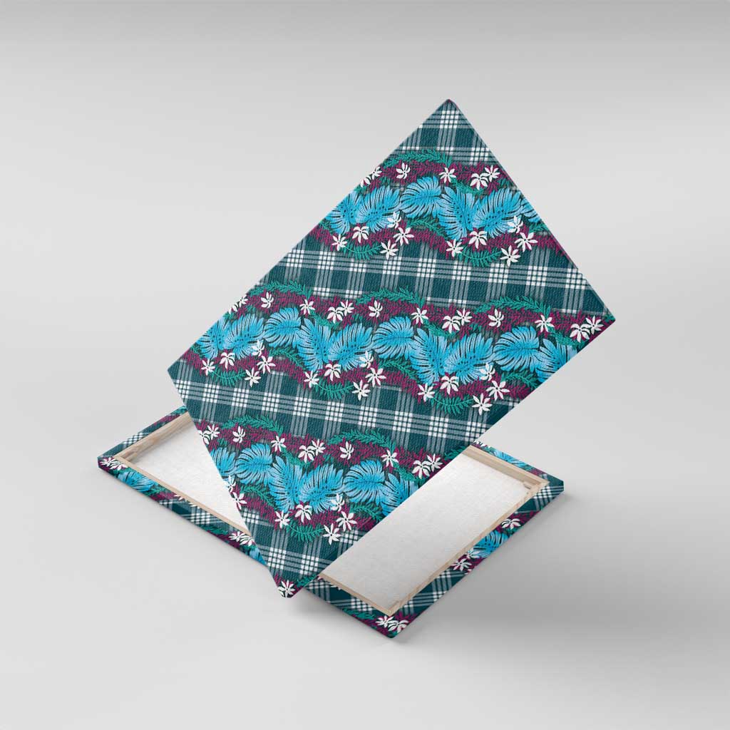 Polynesian Monstera Tiare Floral Canvas Wall Art Dark Teal Tropical Plaid - Polynesian Pride