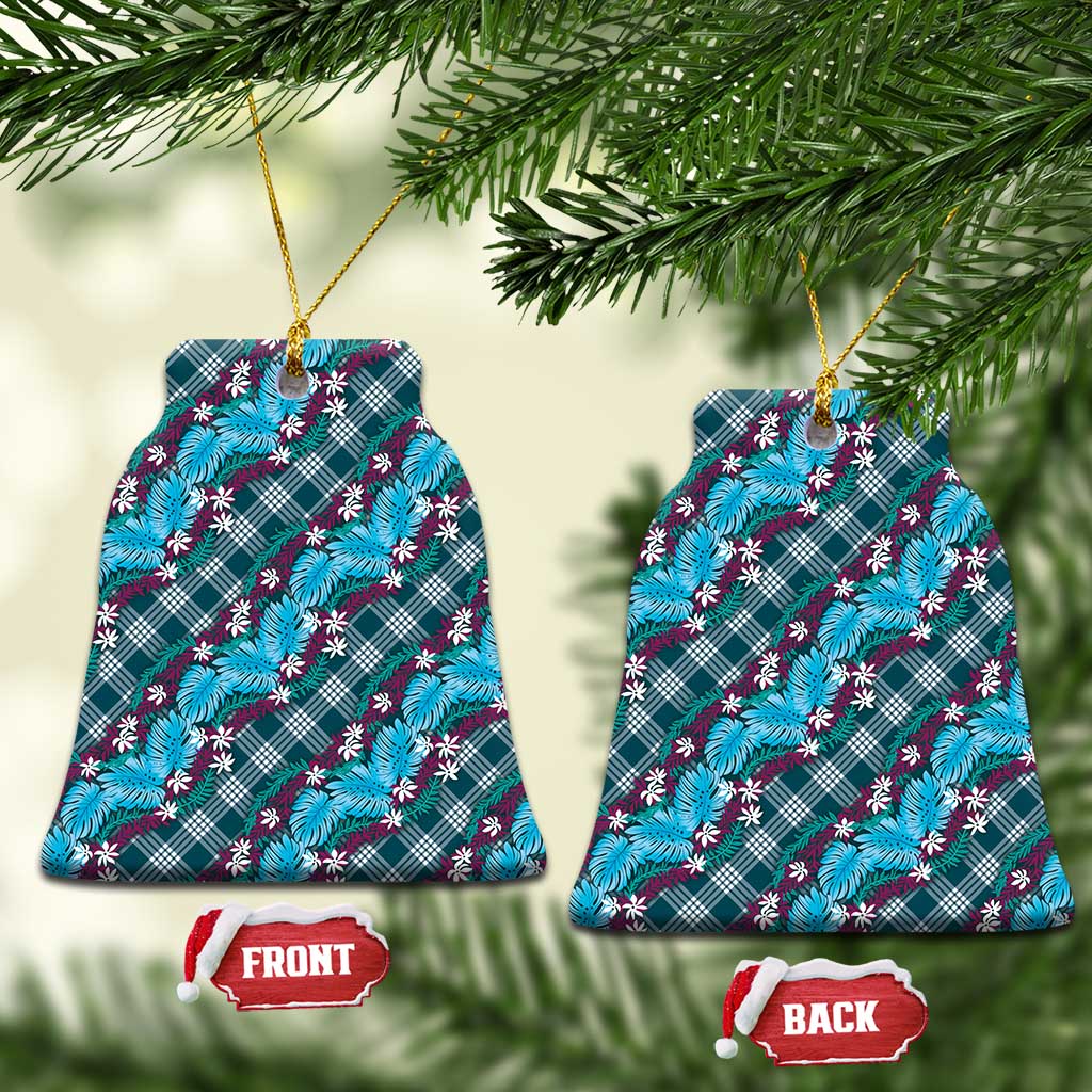 Polynesian Monstera Tiare Floral Ceramic Ornament Dark Teal Tropical Plaid - Polynesian Pride