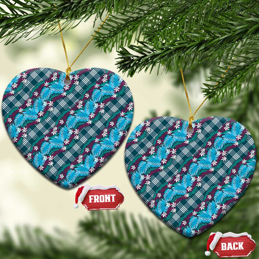 Polynesian Monstera Tiare Floral Ceramic Ornament Dark Teal Tropical Plaid - Polynesian Pride