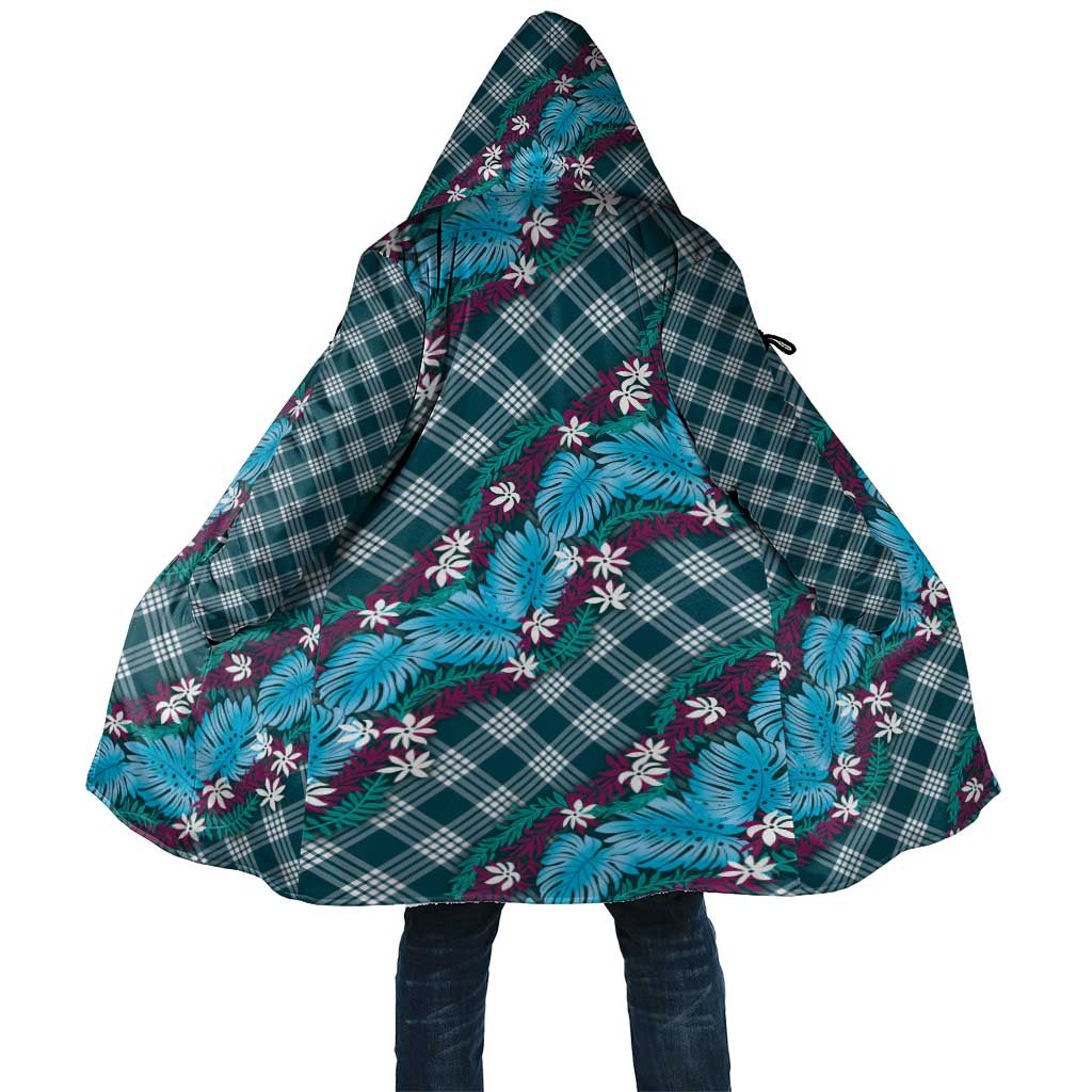 Polynesian Monstera Tiare Floral Cloak Dark Teal Tropical Plaid - Polynesian Pride