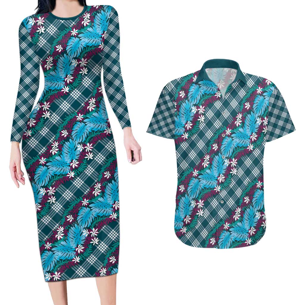 Polynesian Monstera Tiare Floral Couples Matching Long Sleeve Bodycon Dress and Hawaiian Shirt Dark Teal Tropical Plaid LT01 Teal - Polynesian Pride