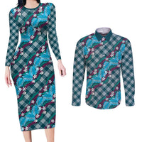 Polynesian Monstera Tiare Floral Couples Matching Long Sleeve Bodycon Dress and Long Sleeve Button Shirt Dark Teal Tropical Plaid LT01 Teal - Polynesian Pride