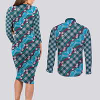 Polynesian Monstera Tiare Floral Couples Matching Long Sleeve Bodycon Dress and Long Sleeve Button Shirt Dark Teal Tropical Plaid LT01 - Polynesian Pride