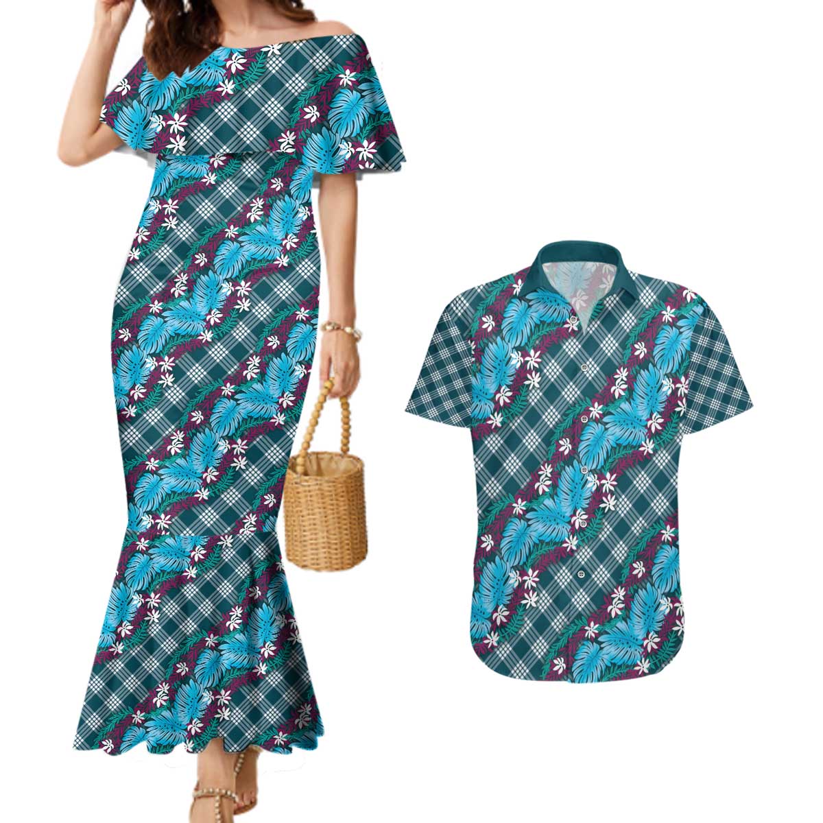 Polynesian Monstera Tiare Floral Couples Matching Mermaid Dress and Hawaiian Shirt Dark Teal Tropical Plaid LT01 Teal - Polynesian Pride